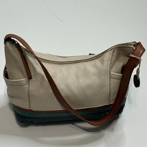 The Sak Kendra Cream Green Brown Leather Bohemian Hobo Shoulder Bag